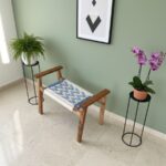 Furnshine - Hettie Solid Wood Hand Rest Woven Stool (White & Blue)