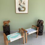 Furnshine - Odell Set of Two Solid Wood Hand Rest Woven Stool (White, Blue & Teal)