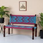Furnshine - Taffeta Solid Wood Handwoven Backrest Bench (Blue & Pink) - Image 2