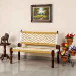 Furnshine - Stark Solid Sheesham Wood Handwoven Backrest Bench (Yellow & White) - Image 2