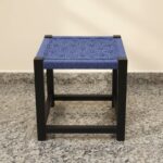 Furnshine - Clem Muted Blue Woven Stool with Dark Solid Wood Legs - Image 2