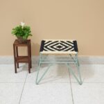 Furnshine - Revel Black & Off-White Woven Stool with Light Mint Green Metal Legs - Image 2