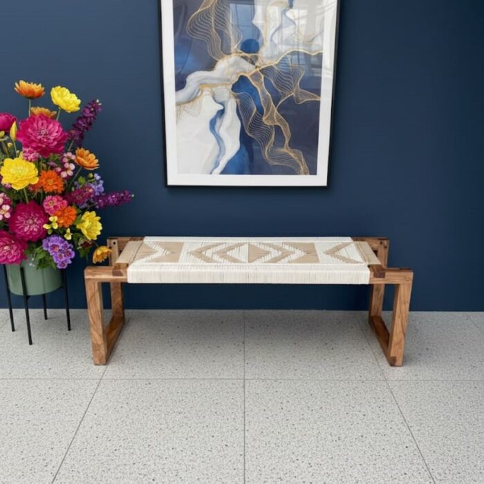 Furnshine - Eaton Mid Century Modern Woven Bench (White & Beige) - Image 2