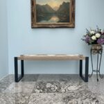 Furnshine - Karter Solid Wood Classic Two Seater Woven Bench with Black Metal Legs (Beige, White & Blue) - Image 2