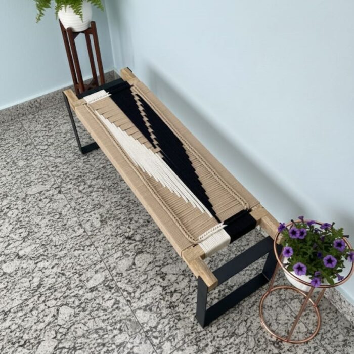 Furnshine - Welby Two Seater Woven Bench with Black Metal Legs (Black, Beige & White) - Image 1