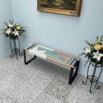 Furnshine - Quint Solid Wood Two Seater Woven Bench with Black Metal Legs (Beige, White & Teal Blue-Green) - Image 2