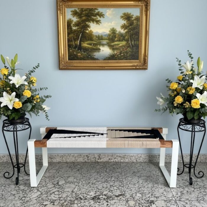 Furnshine - Eartha Hand Woven Bench with White Metal Legs (White, Black & Beige) - Image 2