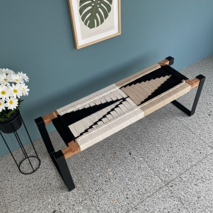 Furnshine - Aston Woven Bench with Black Metal Legs (Beige, White & Black) - Image 2