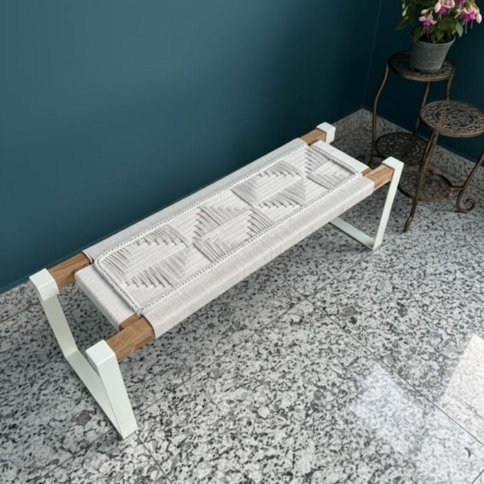 Furnshine - Bert Woven Bench with White Metal Legs (Natural White) - Image 2