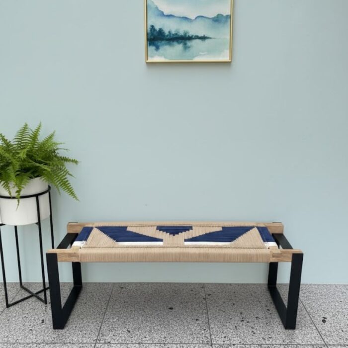 Furnshine - Mace Two Seater Woven Bench with Black Metal Legs (Beige, Blue & White) - Image 7