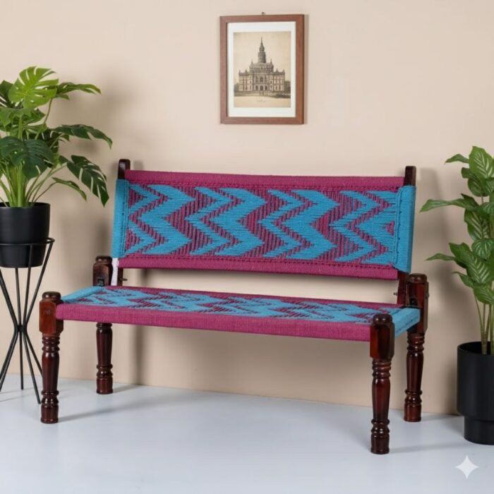 Furnshine - Taffeta Solid Wood Handwoven Backrest Bench (Blue & Pink) - Image 2