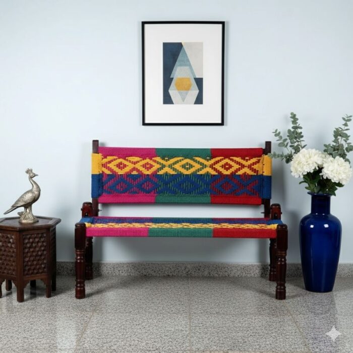 Furnshine - Edina Solid Wood Handwoven Backrest Bench (Multicolor) - Image 3