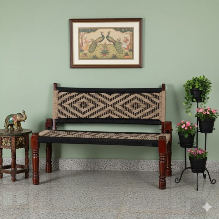Furnshine - Maxfield Solid Wood Handwoven Backrest Bench (Black & Jute) - Image 2