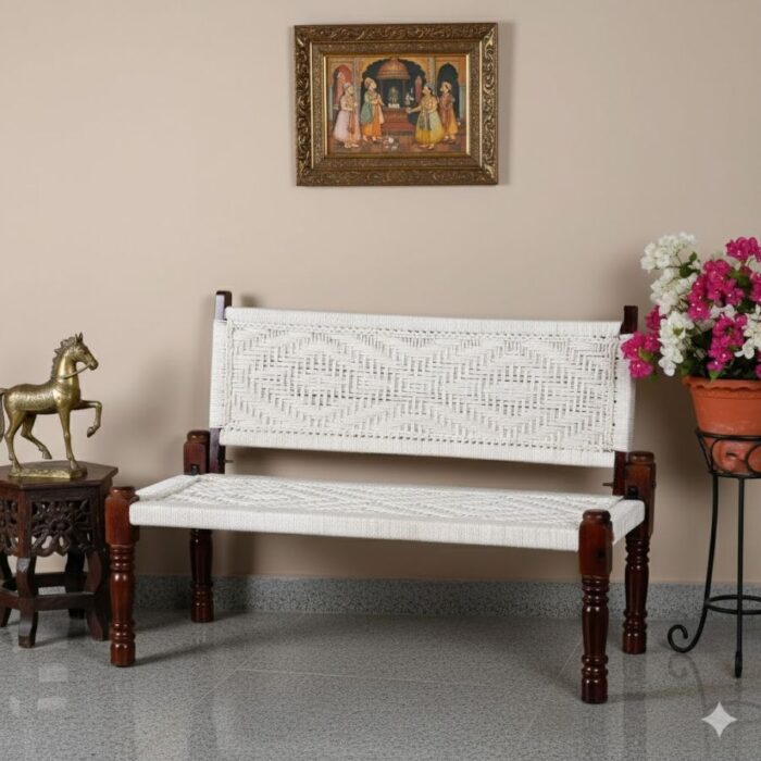 Furnshine - Sherwin Solid Wood Handwoven Backrest Bench (White) - Image 2