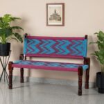 Furnshine - Taffeta Solid Wood Handwoven Backrest Bench (Blue & Pink) - Image 3