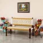 Furnshine - Stark Solid Sheesham Wood Handwoven Backrest Bench (Yellow & White) - Image 3
