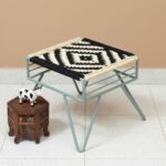 Furnshine - Revel Black & Off-White Woven Stool with Light Mint Green Metal Legs - Image 3