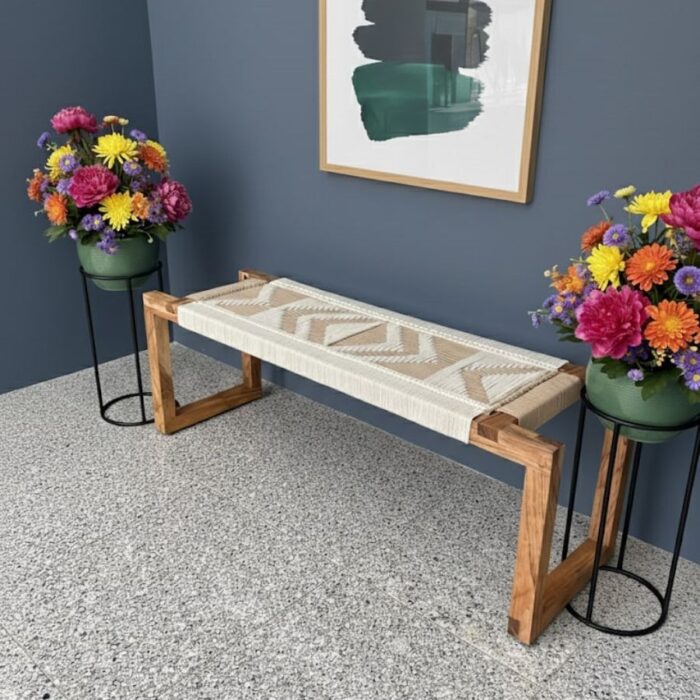 Furnshine - Eaton Mid Century Modern Woven Bench (White & Beige) - Image 3