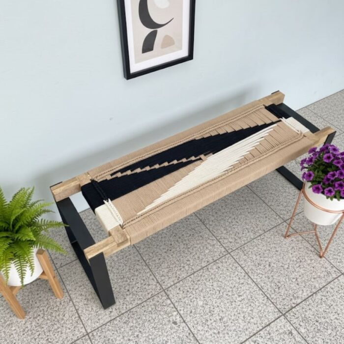 Furnshine - Welby Two Seater Woven Bench with Black Metal Legs (Black, Beige & White) - Image 2