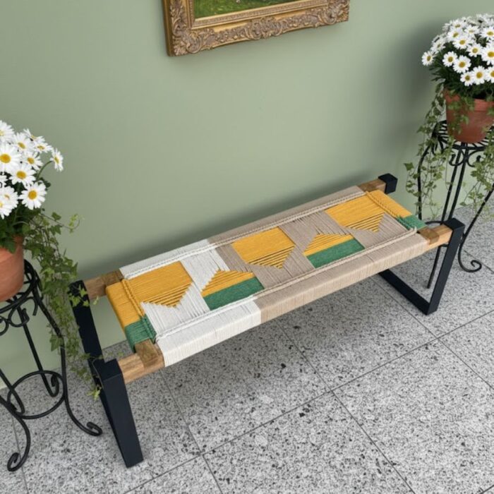 Furnshine - Karter Two Seater Hand Woven Bench with Metal Legs (Yellow, Green, White & Beige) - Image 2