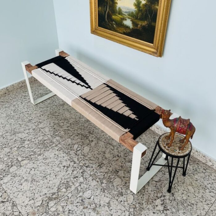 Furnshine - Eartha Hand Woven Bench with White Metal Legs (White, Black & Beige) - Image 3