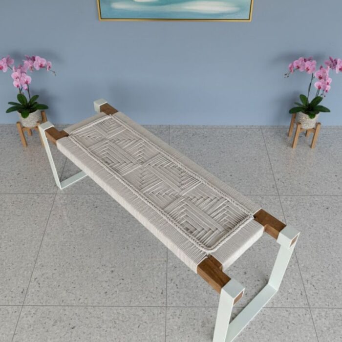 Furnshine - Bert Woven Bench with White Metal Legs (Natural White) - Image 4