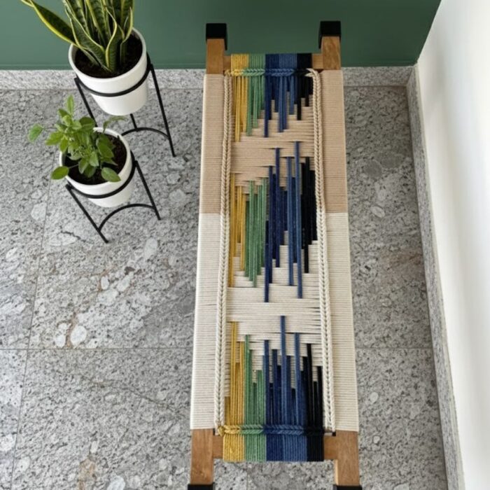 Furnshine - Elvin Two Seater Woven Bench with Black Metal Legs (Multicolor) - Image 3