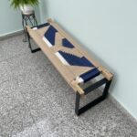Furnshine - Mace Solid Wood Two Seater Woven Bench with Black Metal Legs (Beige, Blue & White) - Image 8