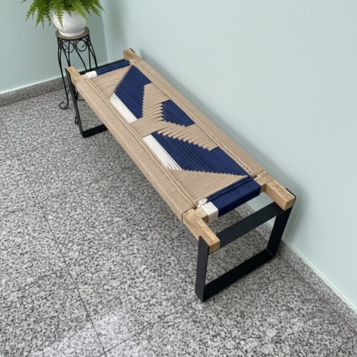 Furnshine - Mace Two Seater Woven Bench with Black Metal Legs (Beige, Blue & White) - Image 8