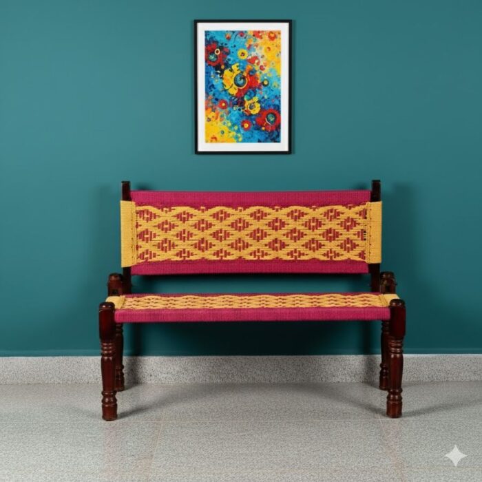 Furnshine - Swan Sheesham Wood Handwoven Backrest Bench (Pink & Yellow) - Image 4
