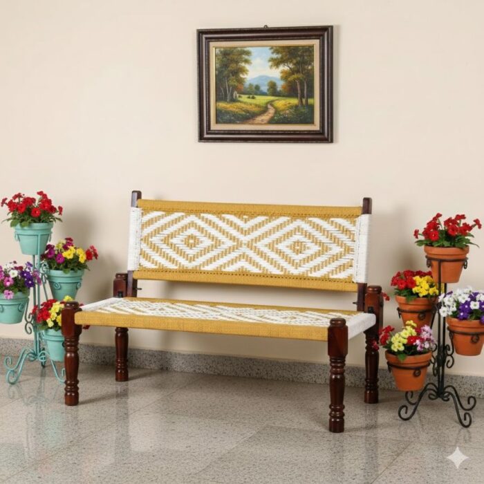 Furnshine - Stark Handwoven Backrest Bench (Yellow & White) - Image 3
