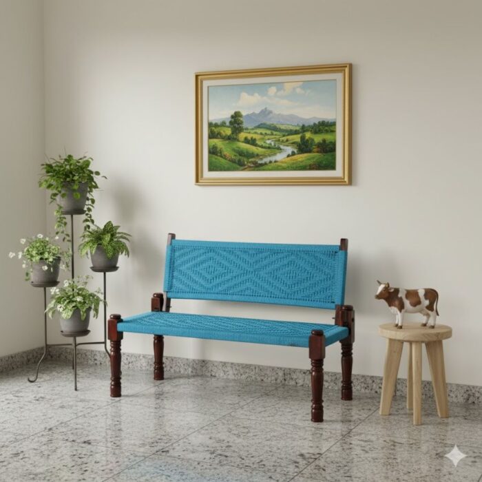 Furnshine - Parson Solid Wood Handwoven Backrest Bench (Blue) - Image 3