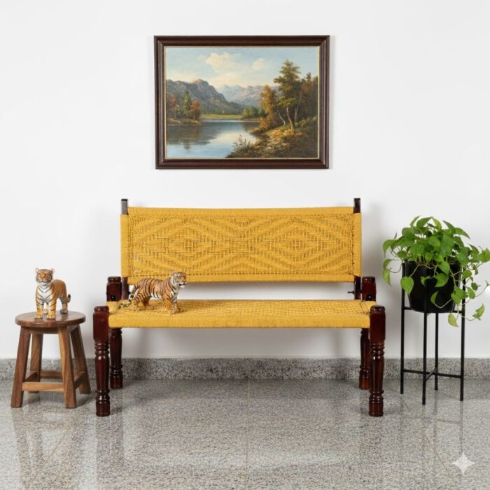 Furnshine - Laurie Solid Wood Handwoven Backrest Bench (Yellow) - Image 3