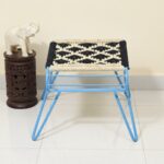 Furnshine - Carlisle Bold Black & Off-White Woven Stool with Light Blue Metal Legs - Image 4