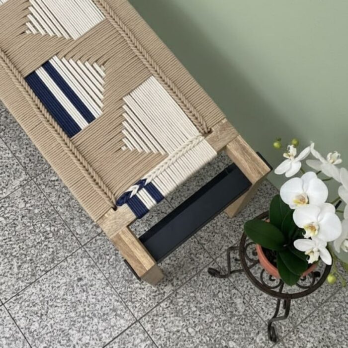 Furnshine - Karter Classic Two Seater Woven Bench with Metal Legs (Beige, White & Blue) - Image 5