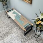 Furnshine - Quint Solid Wood Two Seater Woven Bench with Black Metal Legs (Beige, White & Teal Blue-Green) - Image 3