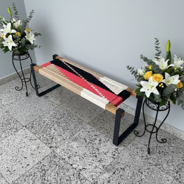 Furnshine - Lettice Two Seater Woven Bench with Metal Legs (Red, Black, Beige & White Color) - Image 4