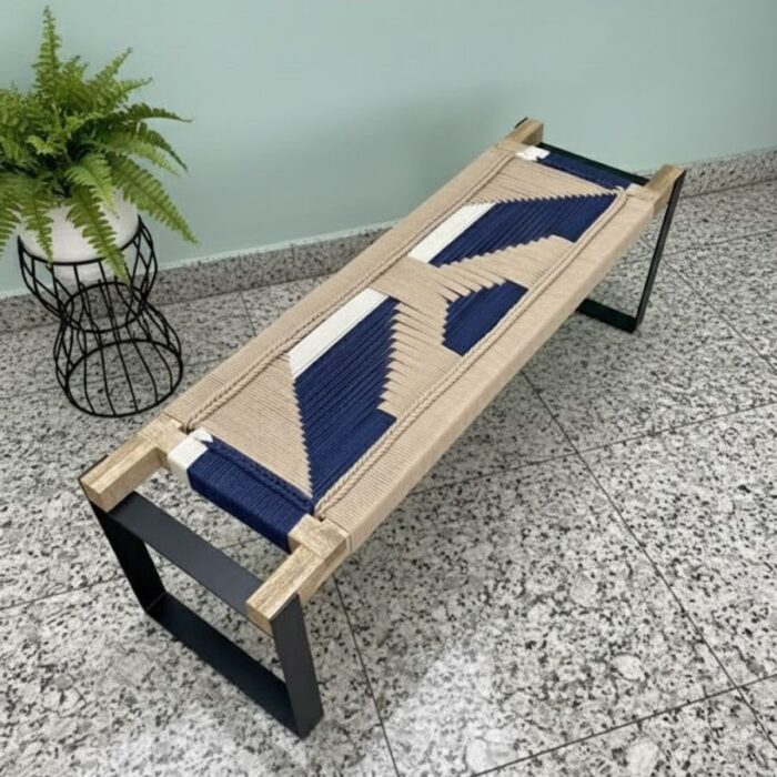 Furnshine - Mace Two Seater Woven Bench with Black Metal Legs (Beige, Blue & White) - Image 2