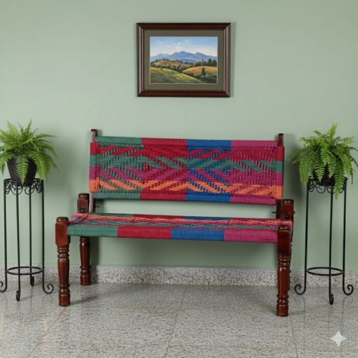 Furnshine - Blaze Solid Wood Handwoven Backrest Bench (Multicolor) - Image 4