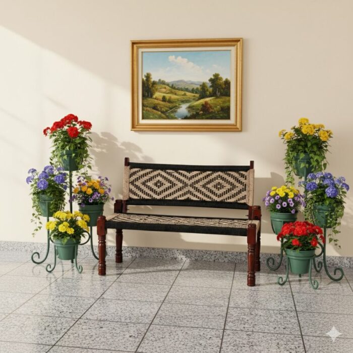 Furnshine - Maxfield Solid Wood Handwoven Backrest Bench (Black & Jute) - Image 4