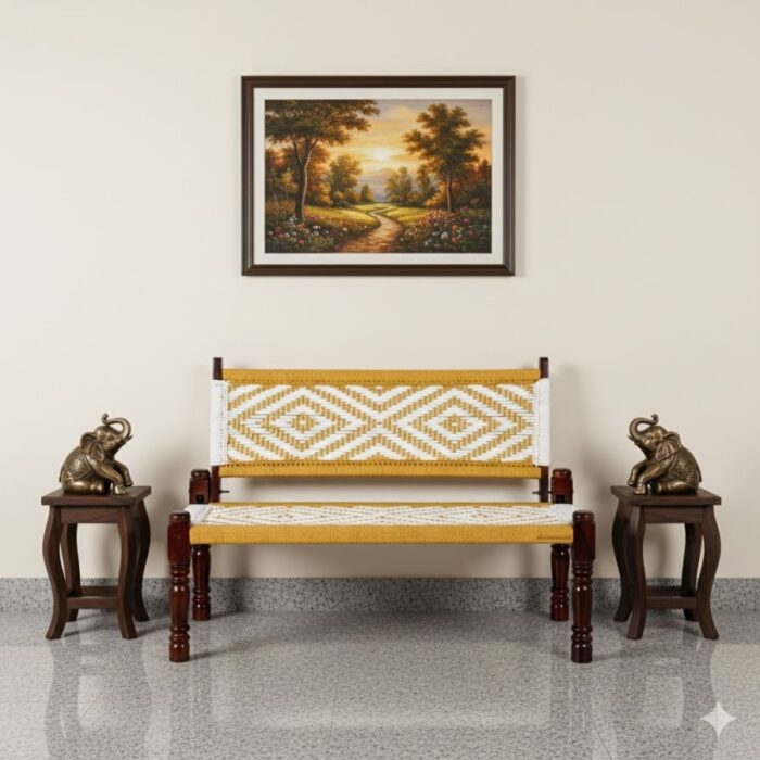 Furnshine - Stark Handwoven Backrest Bench (Yellow & White) - Image 4