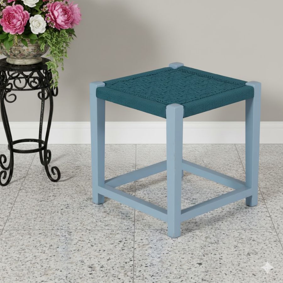 4 Furnshine - Hartley Teal & Light Pastel Blue Solid Wood Woven Stool - Image 2