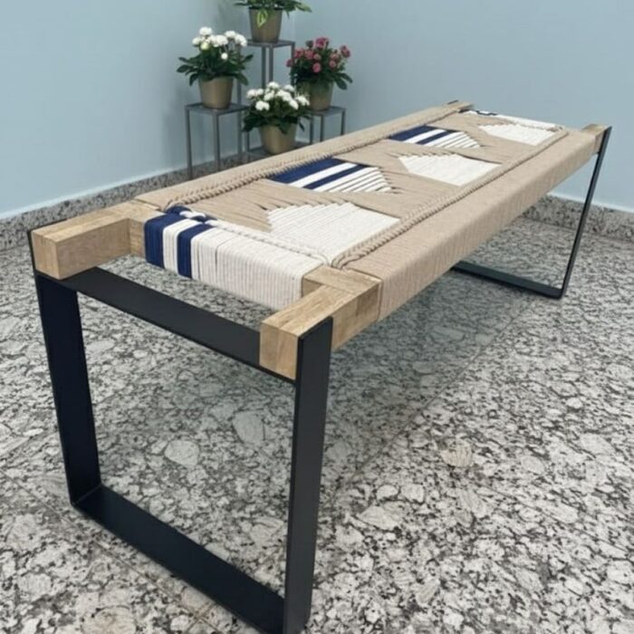 Furnshine - Karter Classic Two Seater Woven Bench with Metal Legs (Beige, White & Blue) - Image 3