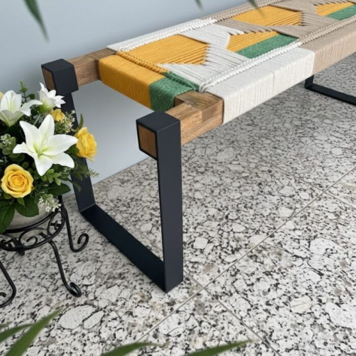 Furnshine - Karter Two Seater Hand Woven Bench with Metal Legs (Yellow, Green, White & Beige) - Image 5