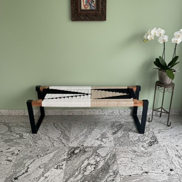 Furnshine - Aston Woven Bench with Black Metal Legs (Beige, White & Black) - Image 5