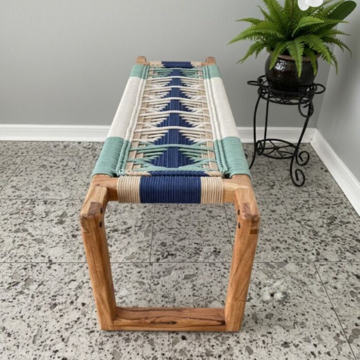 Furnshine - Eldred Boho Modern Woven Bench (Beige, Blue, White & Bottle Green) - Image 5
