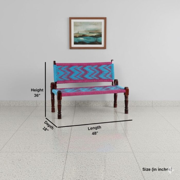 Furnshine - Taffeta Solid Wood Handwoven Backrest Bench (Blue & Pink) - Image 5