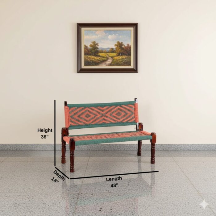 Furnshine - Prentice Solid Wood Handwoven Backrest Bench (Orange & Green) - Image 5
