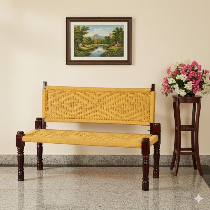 Furnshine - Laurie Solid Wood Handwoven Backrest Bench (Yellow) - Image 4
