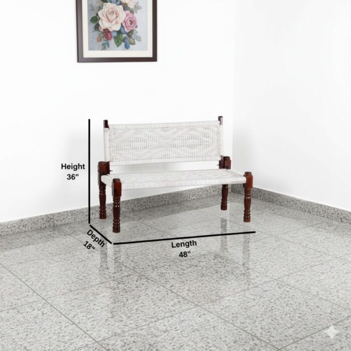 Furnshine - Sherwin Solid Wood Handwoven Backrest Bench (White) - Image 5